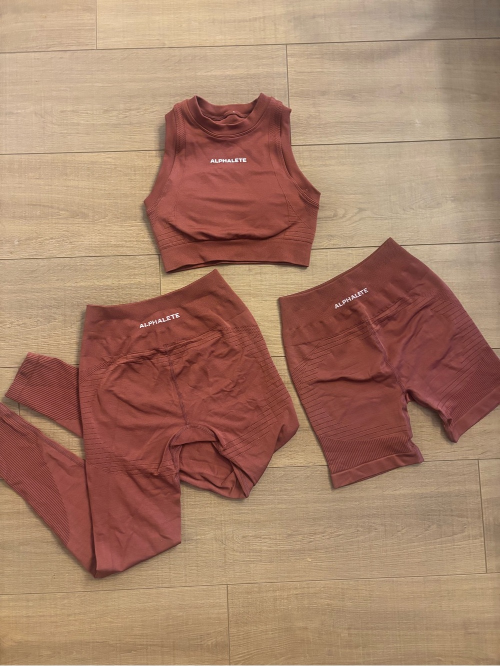 Alphalete woman’s Rust red Seamless Active Set - Top, Shorts & Legging
